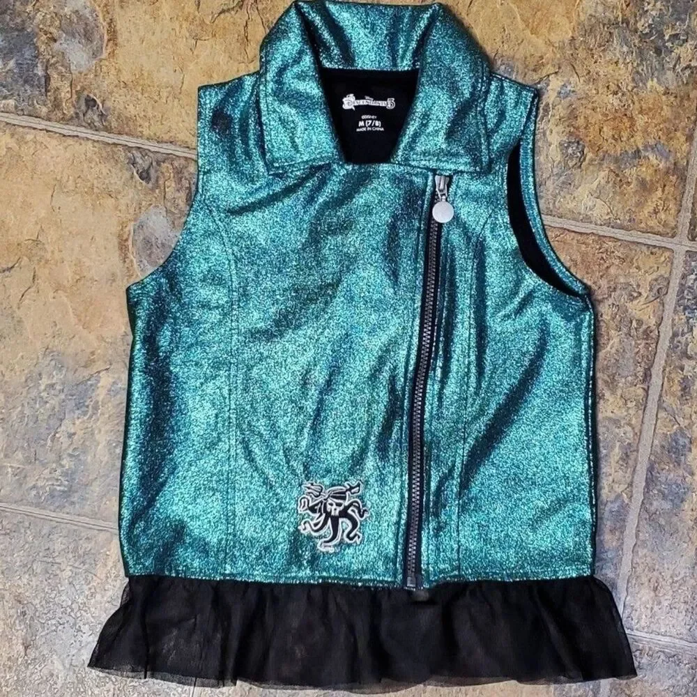 Disney Descendants 3 Girls Sz M 7/8 Teal Sparkle Vest Collar Netted Ruffle